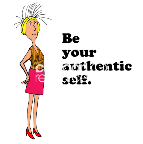Therapy cartoon character showing a unique and confident woman with the words "be your authentic self".