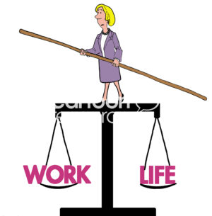 Business woman color cartoon showing a business woman trying to walk the tightrope balanced between 'work' and 'life'.