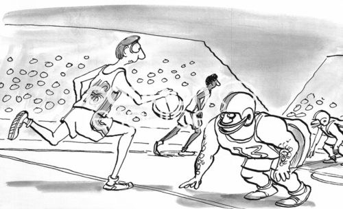 Sports b&w cartoon showing men playing basketball offense while the defensive players are football players with helmets on.