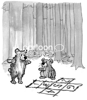 Bear B&W cartoon showing two young bears playing hopscotch game.