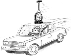 Circus b&w cartoon of a bear driving a car and its unicycle is on the top of the car.