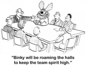 Office B&W cartoon of seven office people at a conference table, plus a clown. "Binky (the clown) will be roaming the halls to keep the team spirit high".