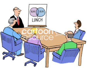 Meeting color cartoon of five people and a Venn diagram showing 'blah' conversations then LUNCH.