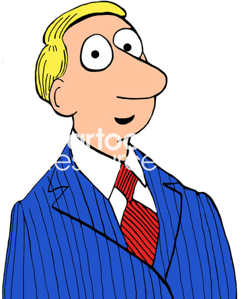 Color cartoon illustration of a smiling, blonde-haired man wearing a blue-pin striped jacket and red striped tie.
