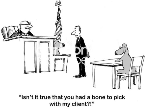 Legal b&w cartoon of a courtroom. Two dogs are suing one another. The lawyer says to one, "... you have a bone to pick with my client?!"