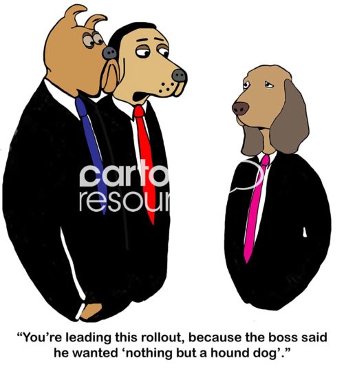 Color boss cartoons showing three varieties of business dogs. One says to the hound business dog, 'you're leading this rollout, because the boss said he wanted "nothing but a hound dog"'.