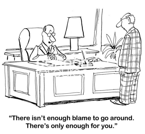 B&W boss cartoon showing a male boss placing all the blame on one, unfortunate male worker.