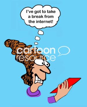 Life color cartoon of a highly stressed woman looking at her cell phone and thinking "I've got to take a break from the internet".