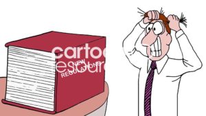 Color business cartoon showing a huge book of new regulations. It is causing the businessman looking at the huge book enormous stress.