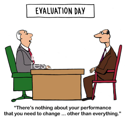 Color business cartoon of a male boss with a male worker on Evaluation Day. The boss tells the worker he has to change everything about this work performance.