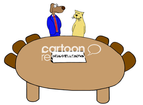 Color business cartoon showing a Negotiation table and a business cat and business dog looking very warily at the Negotiation sign.