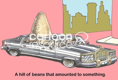 Color cartoon of a limousine filled with beans. It is 'a hill of beans that amounted to something'.