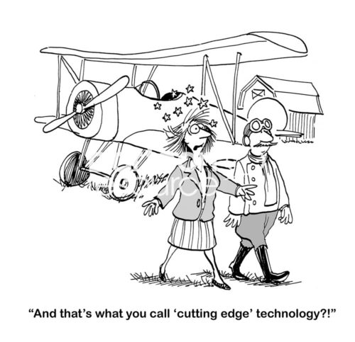 B&W business cartoon showing a shaken-up business woman saying to a biplane pilot, 'and that's what you call 'cutting edge' technology?!'
