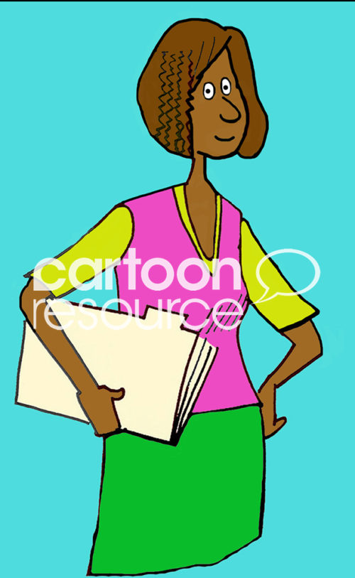 Character cartoon illustration showing a smiling, black, millennial business woman from the knees up. She is wearing bright colors and holding a manilla folder.