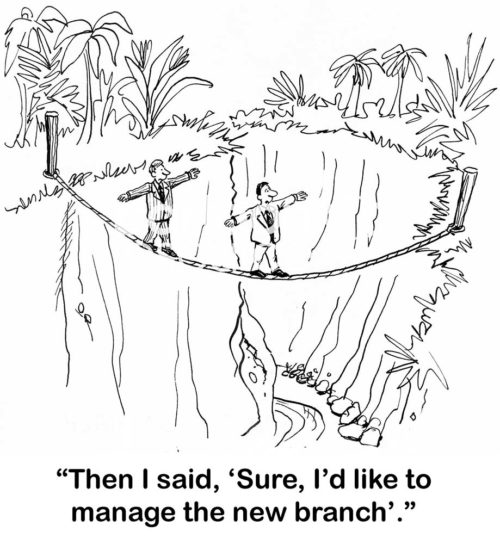 Businessman cartoon showing a two men crossing a deep divide by traversing a rope.  One says to his colleague, I said sure I would like to manage the new branch.