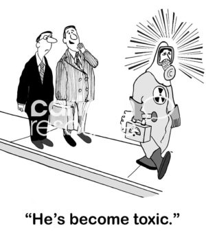 Businessman cartoon showing a businessman whose personality has become so negative and toxic that he has to wear a Hazardous Materials suit.
