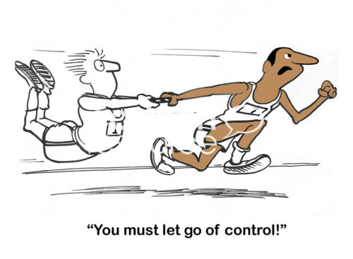 Businessman cartoon of two business men running a relay race.  It is time for the white male runner to give up the baton to his partner, the black runner, 'you must let go of control'.