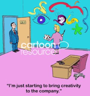 Leadership color cartoon of a female CEO painting a mural on her office wall. She says to a businessman, "I'm just starting to bring creativity to the company".