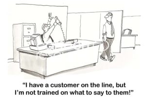 Customer service cartoon showing a male salesman alarmed that he has a customer on the line who wants to buy, but he is not trained on what to say to help them purchase.