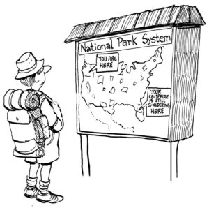Camping b&w cartoon of a male camper looking at a USA Park System map. He is in Oregon, but his campfire is still burning in Florida.