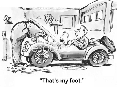 Life b&w cartoon of a man who owns a very tiny car. The mechanic works on it and the man says, 'That's my foot'.