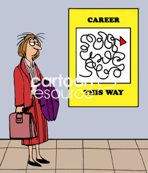 Business woman color cartoon showing an exhausted businesswoman looking at a sign with many twists and turns drawn on it "Career this way".