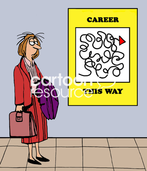 Business woman color cartoon showing an exhausted businesswoman looking at a sign with many twists and turns drawn on it "Career this way".