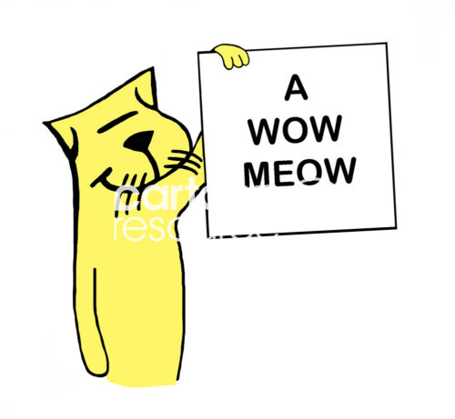 Cat color cartoon of a smiling, yellow cat holding a sign 'A wow meow'.