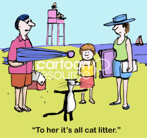 Cat color cartoon of a family who has gone to the beach with their cat, "To her it's all cat litter".