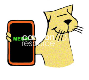 Cat color cartoon of a smiling yellow cat holding a cell phone that says 'meow'.