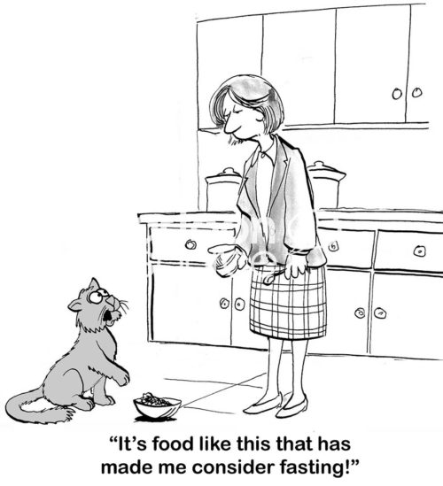 Cat b&w cartoon about a cat complaining to its female owner that it does not like her canned food.