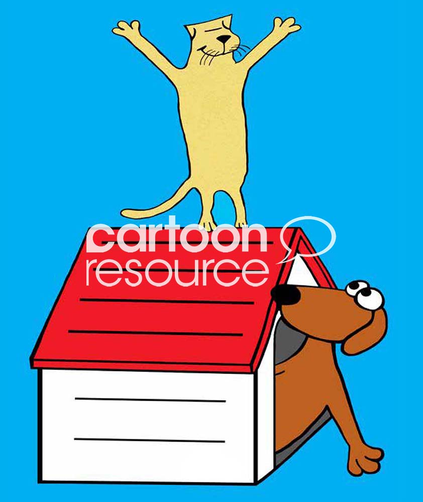 Conflict color carton as a proud yellow cat stands on top of a brown dog's doghouse.