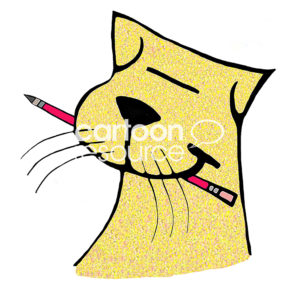 Cat color cartoon of the smiling yellow cat holding a pencil in its teeth.