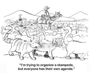 Cat b&w cartoon of a cat round-up. One cat says, "I'm trying to organize a stampede, but everyone has their own agenda".