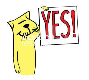 Cat color cartoon of the smiling yellow cat holding a sign that reads, "Yes".
