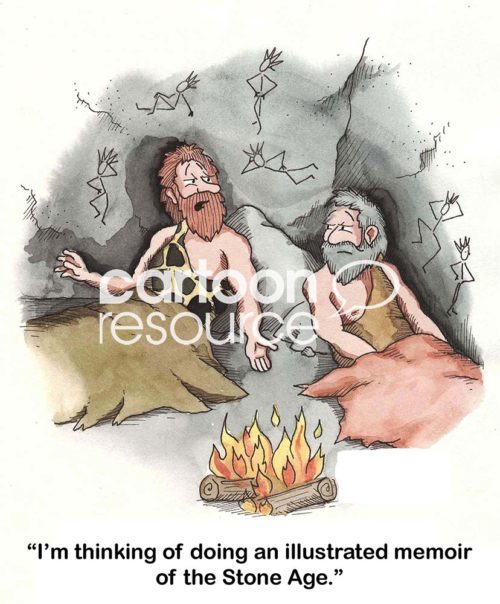 Stone Age color cartoon of a man drawing on the cave sides, 'I'mthinking of doing an illustrated memoir of the Stone Age'.