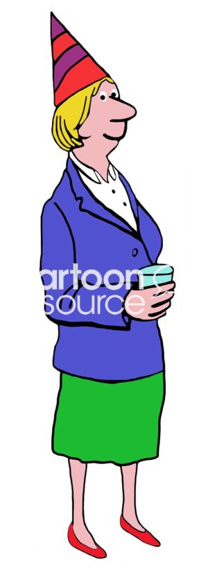 Color cartoon illustration of a smiling, blonde-haired businesswoman wearing a blue jacket, green skirt and a party hat.