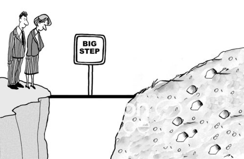 B&W change cartoon showing two business people looking down a deep gorge.  It is a BIG STEP of change to get to the other side.