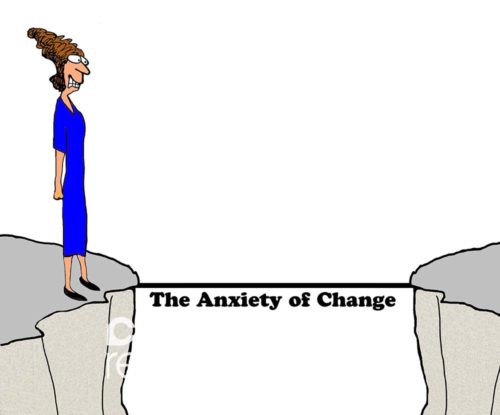 Color change cartoon showing a business woman needing to cross a very narrow bridge. The bridge is called 'the anxiety of change'.