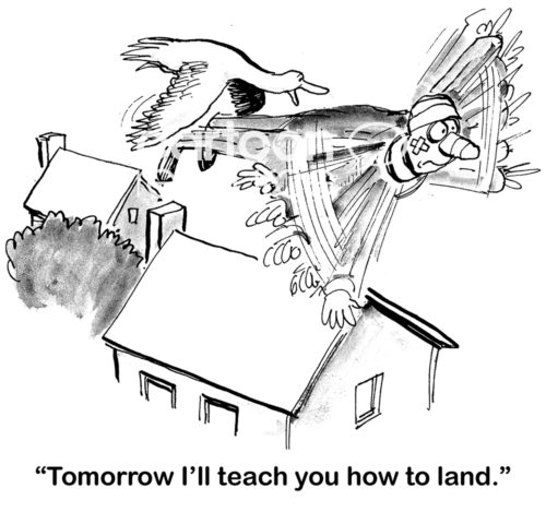 B&W change cartoon of a flying man with bandages on his face. His coach, the bird, says to him, 'tomorrow I'll teach you how to land'.