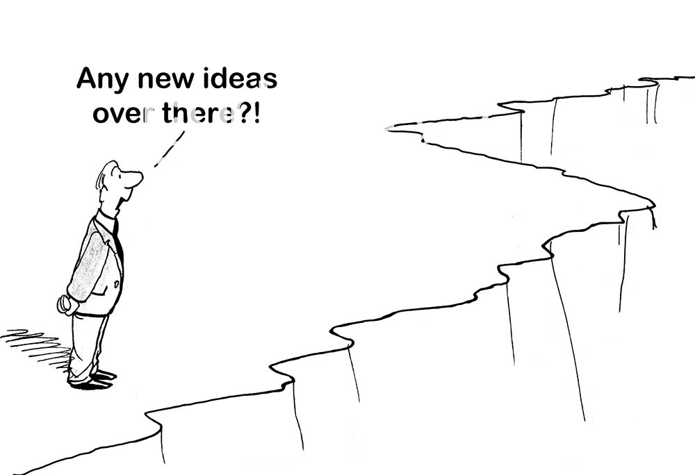 B&W chase cartoon of a businessman by himself in a vast open area shouting, 'any new ideas over there?'.