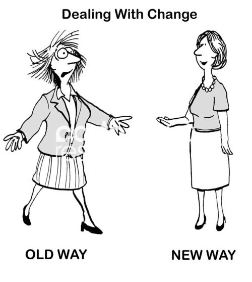 B&W change cartoon of a business woman demonstrating the old way of dealing with change - stress and tension - and the new way of dealing with change - open and accepting.