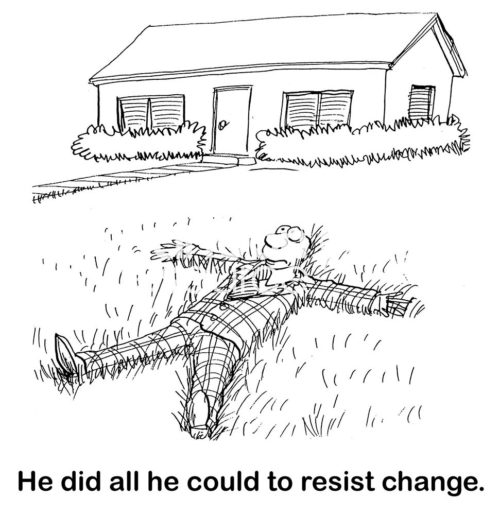 B&W change cartoon of a man laying on his front yard grass. 'He did all he could to resist change'.