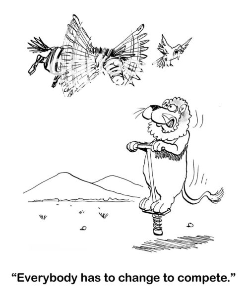 B&W change cartoon showing a lion jumping and a zebra flying. The lion says, 'everybody has to change to compete'.