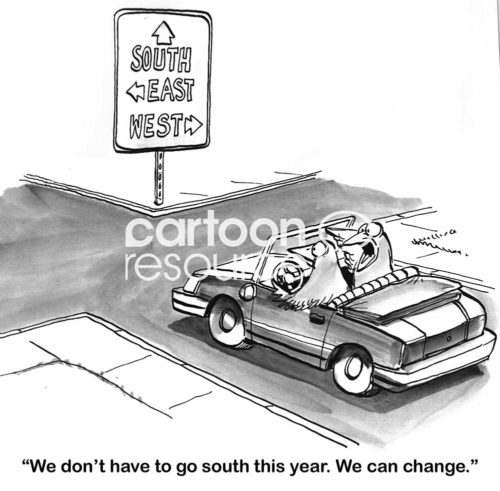 B&W change cartoon showing two birds driving a car. One says, 'we don't have to go south this year, we can change'.
