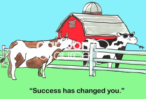 Farming color cartoon of two dairy cows, one is wearing sunglasses. The other says to it, 'success has changed you'.