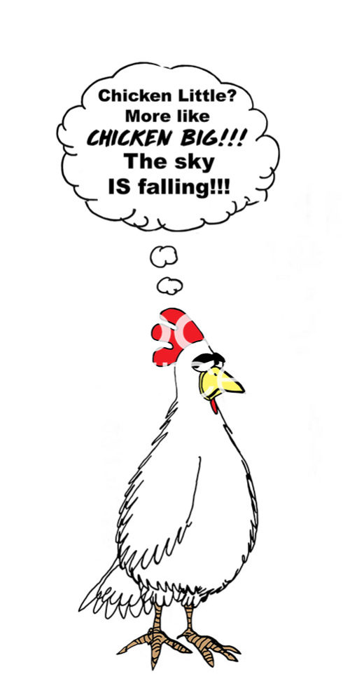 Color cartoon of Chicken Little saying the sky really IS falling.
