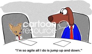 Office color cartoon of two business dogs. The business Chihuahua says, "I'm so agile all I do is jump up and down".