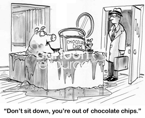 Family b&w cartoon about a pig who lives in the living room and eats chocolate chips. He says to the husband as he gets home from work, 'Don't sit down, you're out of chocolate chips'.
