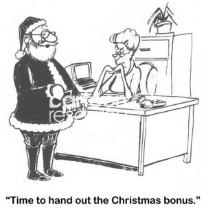Christmas b&w cartoon of Santa Claus handing out change, not dollar bills, for the Christmas bonus.